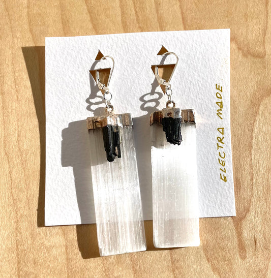 Selenite and Black Tourmaline Dangles