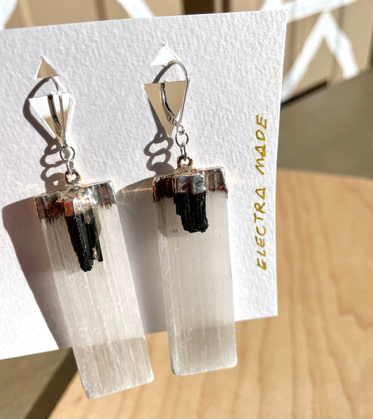 Selenite and Black Tourmaline Dangles